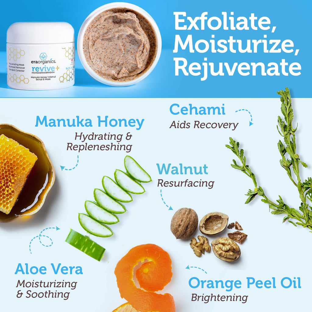 Manuka Honey Exfoliating Face Scrub – Gentle Microdermabrasion Face Exfoliator to Help Smooth, Soften & Balance with Moisturizing Organic Superfoods 4oz