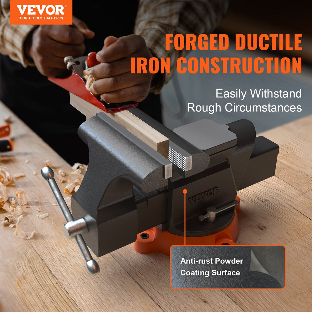 VEVOR Bench Vise, 6-inch Jaw Width 5.9-inch Jaw Opening, 360-Degree Swivel Locking Base Multipurpose Vise w/Anvil, Heavy Duty Ductile Iron Workbench Vise w/Bolts & Nuts, for Drilling, Pipe Cutting