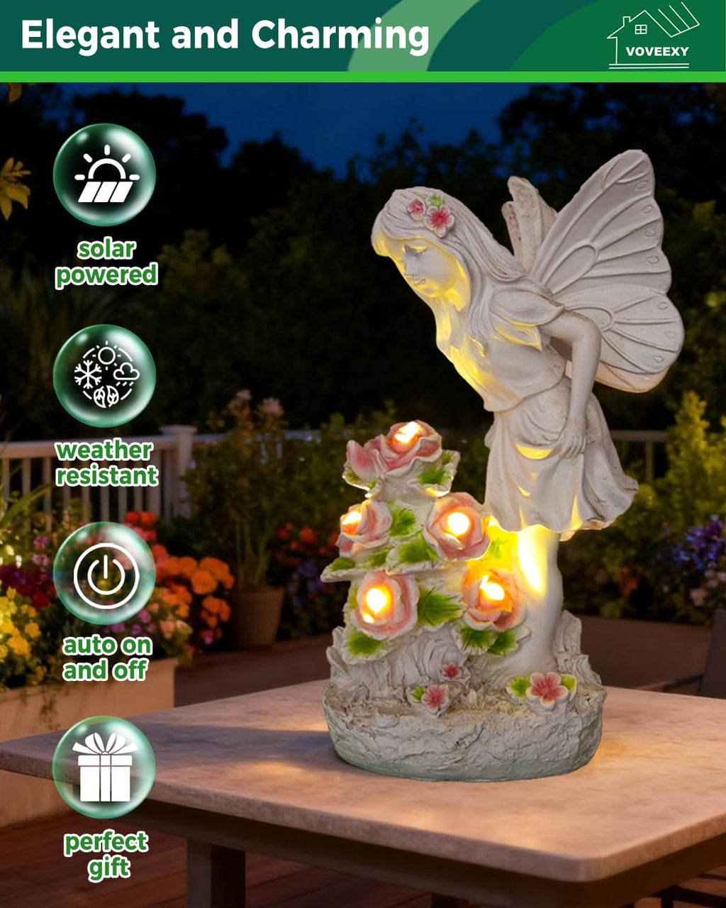 Voveexy Garden Figurines Angel Garden Statue Outdoor Decor, Solar Powered Resin Sculpture with 5 LEDs Art Decoration for Patio Lawn Yard Porch, Ornament Housewarming Gift, 11“ H