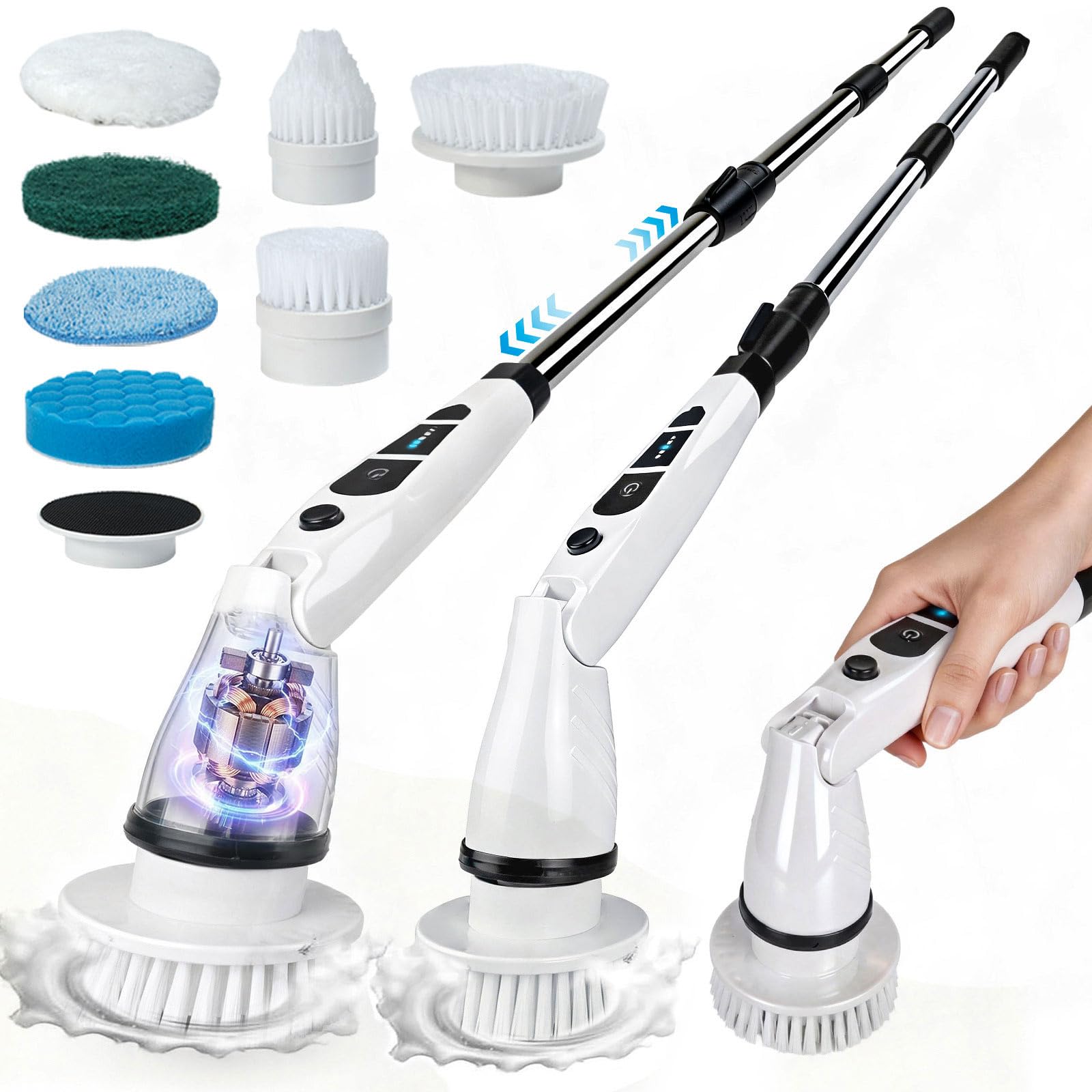 Electric Spin Scrubber, Shower Scrubber with Long Handle, 7 Brush Heads, 2-Speed Cordless Bathroom Cleaning Brush, 54in Extendable Electric Cleaning Brush for Tub, Floor, Kitchen & Barbecue Grill