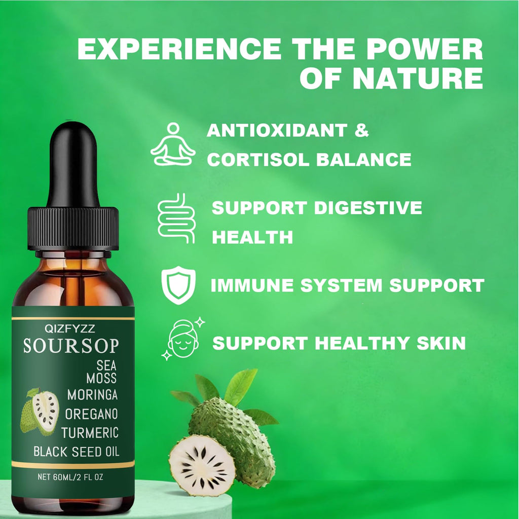 Qizfyzz Soursop Bitters Liquid Drops, Liquid Drops Soursop Bitters 10 in 1 with Sea Moss, Moringa, Turmeric, Black Seed Oil, Oregano, Ashwagandha, Herbal Extracts for Overall Health (1pc)