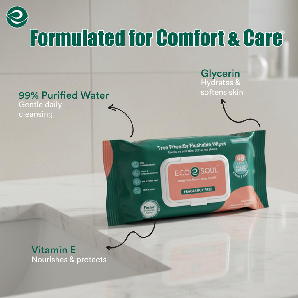 Eco Soul Bamboo Flushable Wipes Adult Wet Wipe [12 x Pack of 48, Unscented] 100% Plant-Based Biodegradable Septic & Sewer Safe Alcohol-Free & Hypoallergenic for Sensitive Skin |576 Soft Butt Wipes