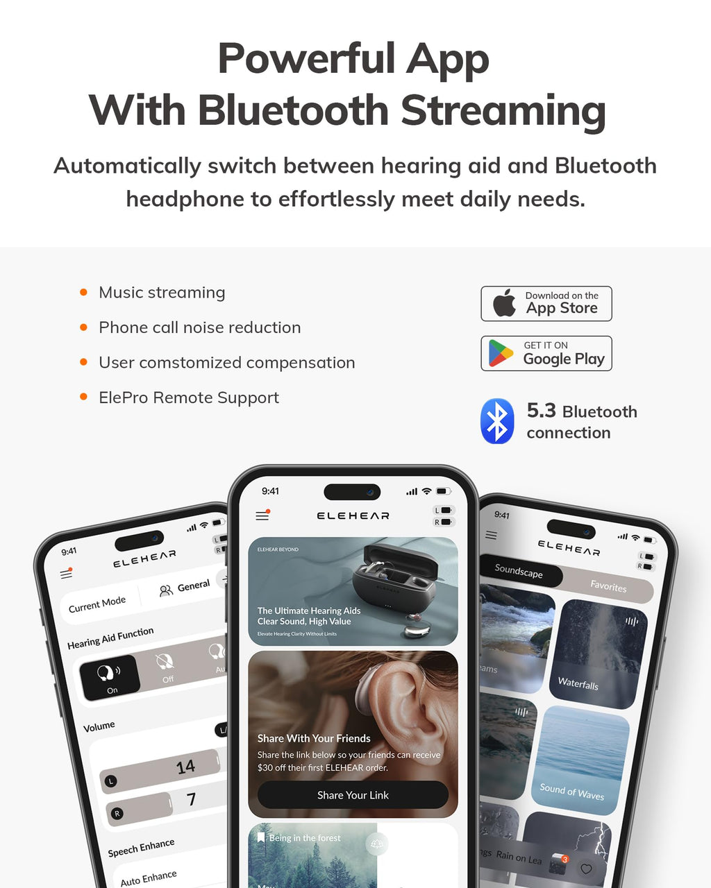 ELEHEAR-Beyond OTC Hearing Aids, AI Powered Speech Enhancement and Tinnitus Masking, Superior Sound Quality, Connectivity with iOS or Android Devices via Bluetooth 5.3, for Seniors and Adults