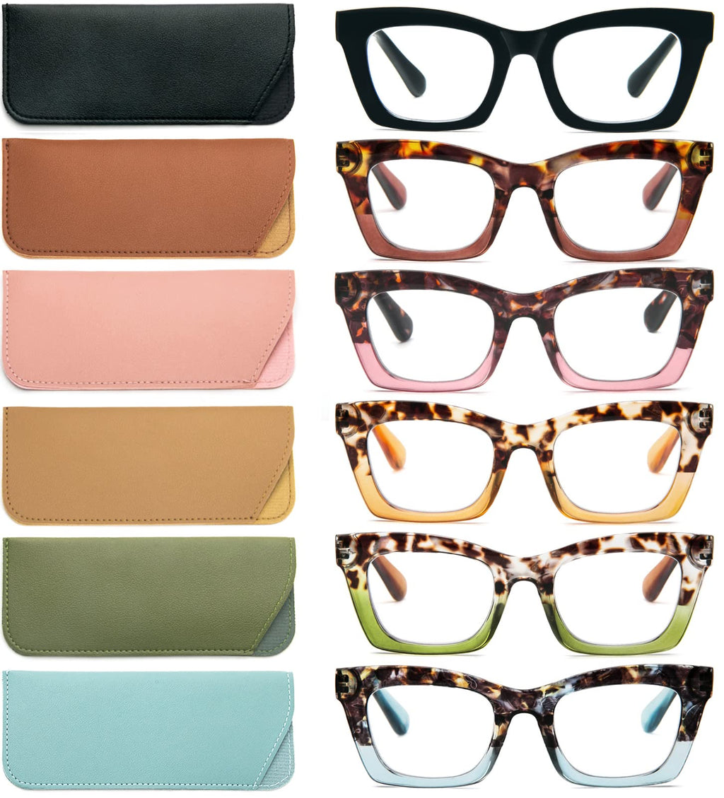 REAVEE 6 Pack Oprah Style Reading Glasses for Women Blue Light Blocking Cute Square Computer Readers with Spring Hinge 2.0