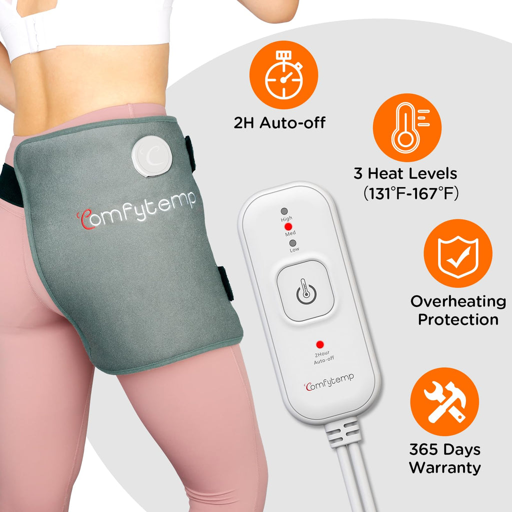 Comfytemp Heating Pad for Hip & Lower Back - Soothing Heat Wrap for Waist, Thigh & Hip Support, 3 Temperature Settings, 2H Auto-Off (Gray, S/M)