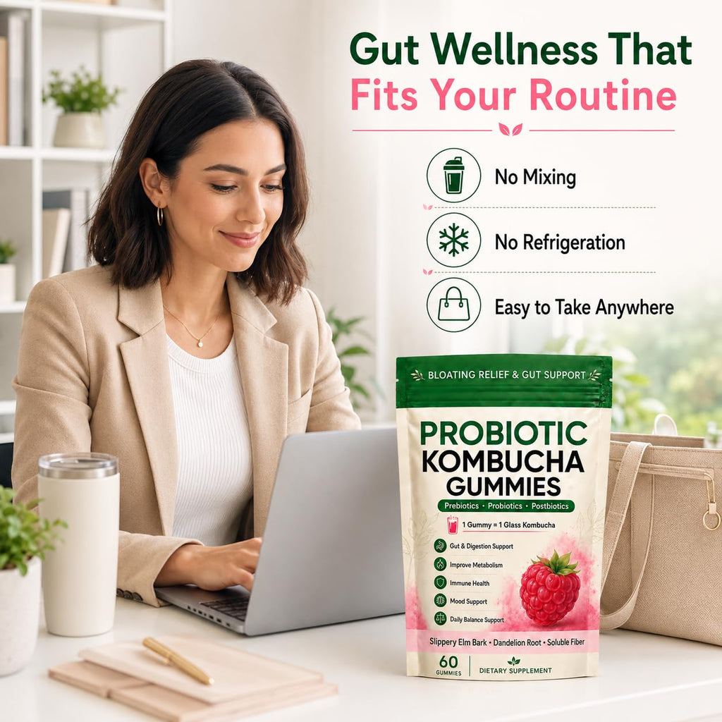 Awjsde Jevawell Kombucha Gummies, Prebiotic Probiotic Postbiotic Formula, Digestive & Gut Health Support, Microbiome Balance & Digestive Comfort, Vegan, Non-GMO, 60 Gummies (1 Peak)