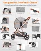 HOVONO Dog Stroller with Detachable Carriers, 3-in-1 Pet Stroller for Two Small to Medium Pets, Lightweight Aluminum Alloy Frame with 4-Wheel Suspension, Foldable Dog & Cat Stroller up to 60 lbs