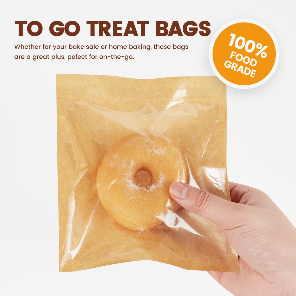 Foranda 100 Pack Cookie Packaging Bags with Seal, 5.7x6.5 Inch Heat Sealable Paper Cookie Sleeves, Grease Resistant To Go Bakery Bags with Window for Bake Sale Brownie, Treat, Donut, Cake Slice, Scone