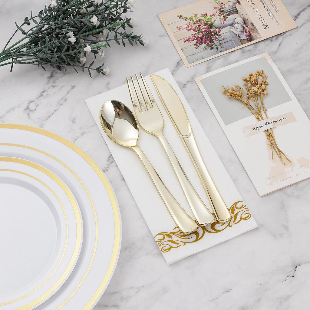 BESTVIP 700 PCS Disposable White and Gold Plastic Plates for 100 Guests