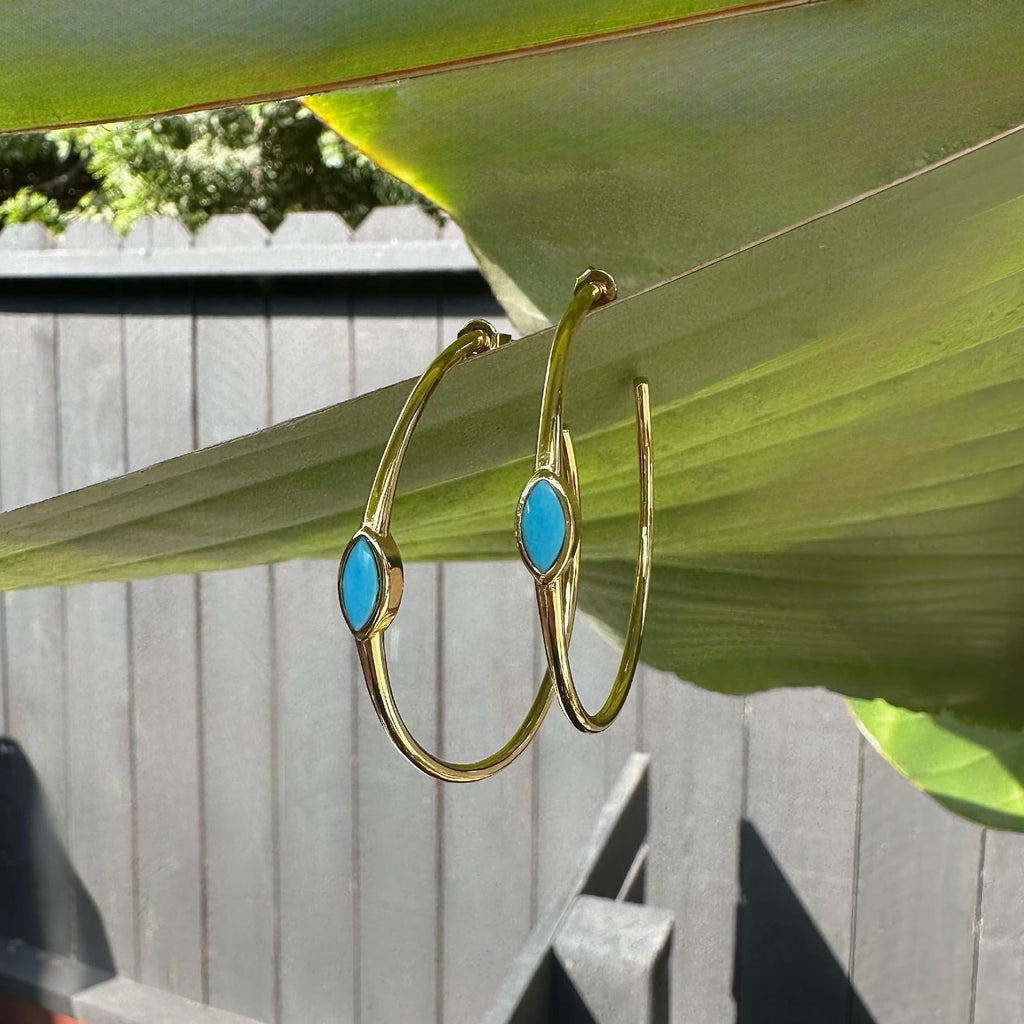 Turquoise Hoop Gold Earrings - Marquise Shape Turquoise Stone Gold Waterproof - Lightweight, Hypoallergenic, Boho Chic Designer Earrings for Everyday Wear -Elegant Minimal Light Weight