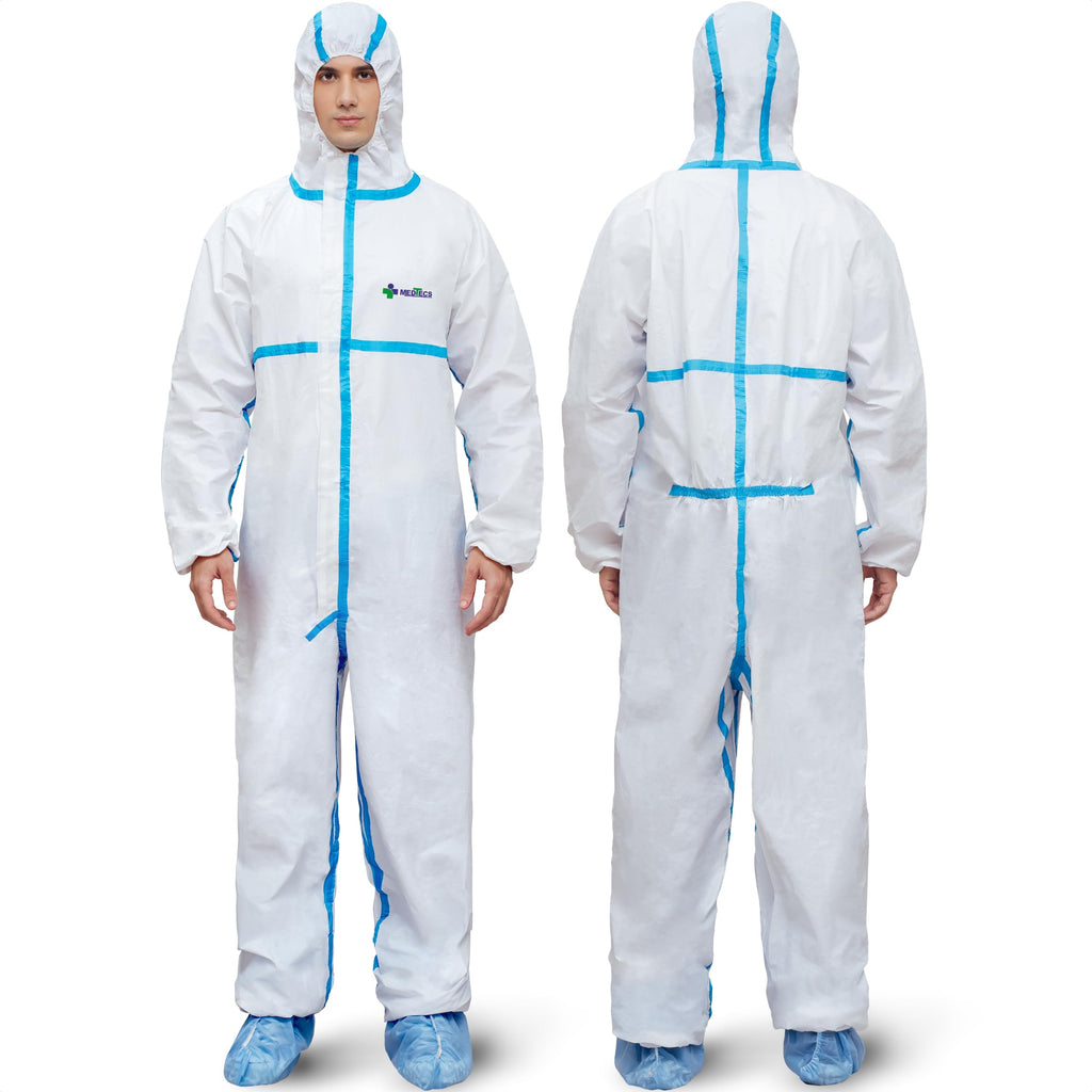 Medtecs Hazmat Suits - 6 Sizes Options (1 PC) - with Sealed Tape - Fabric Passed AAMI Level 4 Disposable Coverall PPE Suit for Biohazard Chemical Protection - Full Body Protective with Hood | L