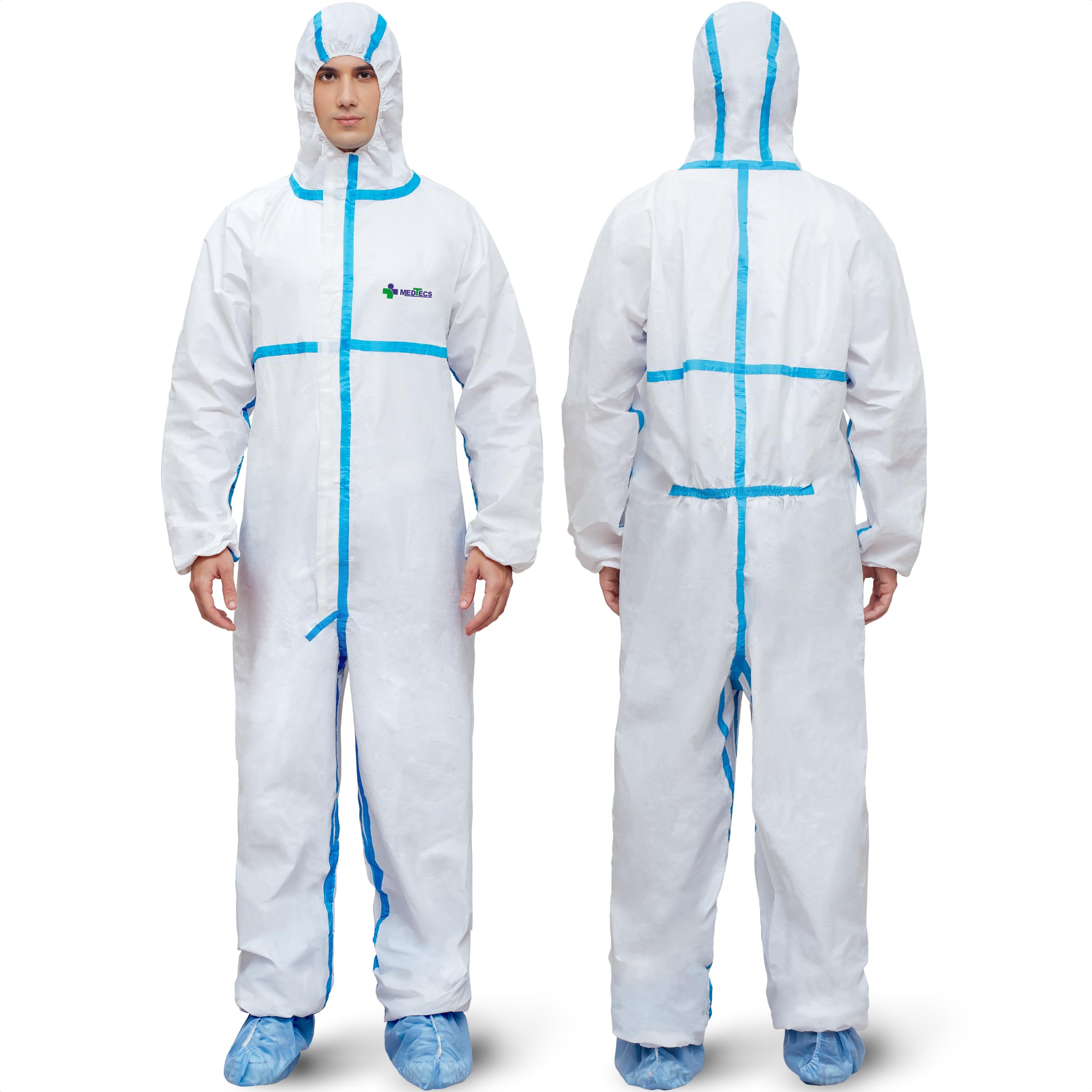Medtecs Hazmat Suits - 6 Sizes Options (1 PC) - with Sealed Tape - Fabric Passed AAMI Level 4 Disposable Coverall PPE Suit for Biohazard Chemical Protection - Full Body Protective with Hood | L