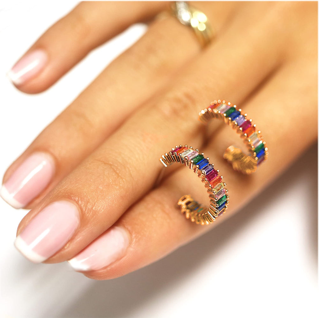 Savlano 14K Gold Plated Cubic Zirconia Multicolor Rainbow Round Hoop Stud Earrings for Women Comes with a Gift Box (Yellow)