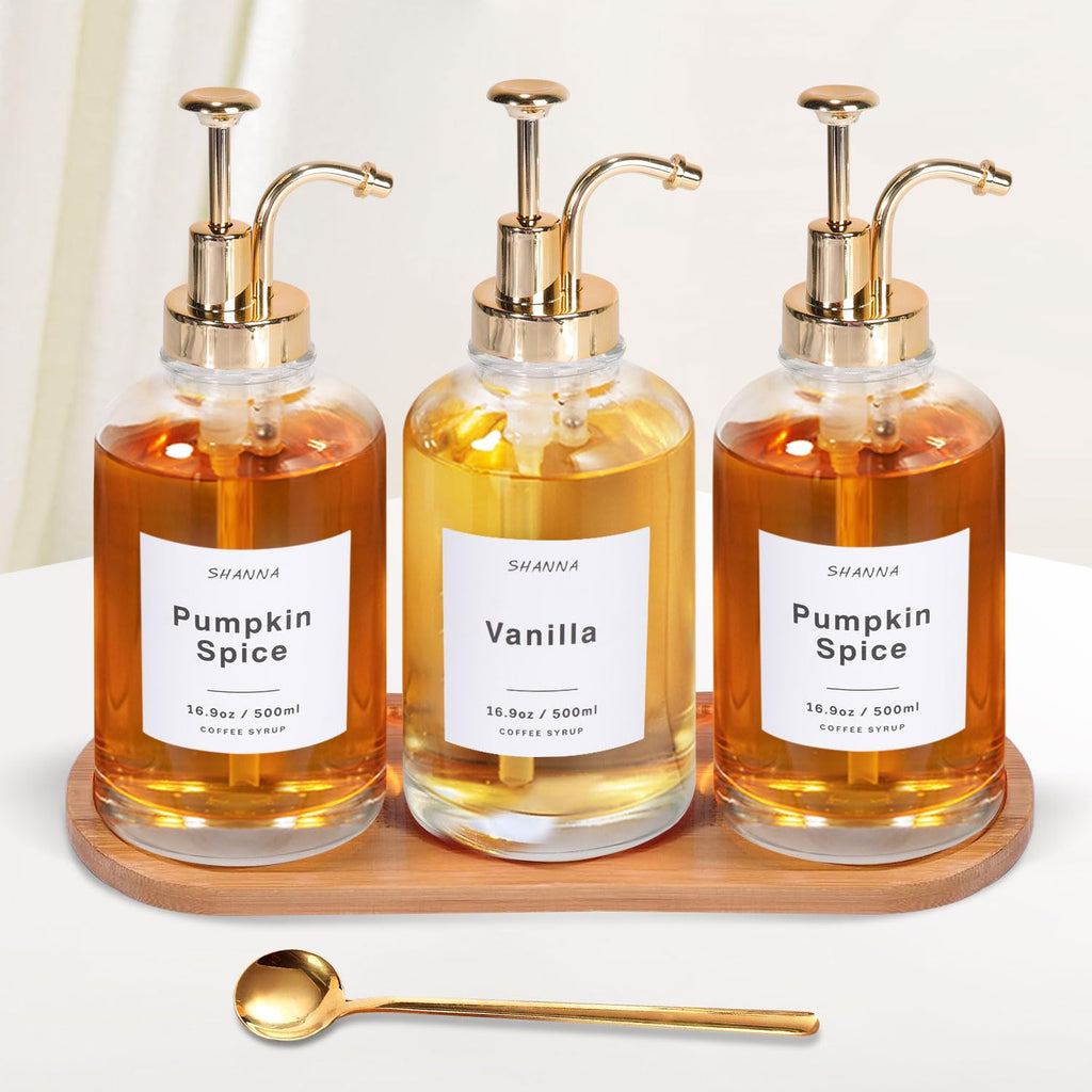 Coffee Syrup Dispenser for Coffee Bar, 16.9oz 500ml Glass Syrup Dispenser w Golden Coffee Scoop, Coffee Syrup Pump Dispenser w 36 Labels and Bamboo Tray, Coffee Syrup Bottles with Golden Pump, 3PCS