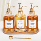 Coffee Syrup Dispenser for Coffee Bar, 16.9oz 500ml Glass Syrup Dispenser w Golden Coffee Scoop, Coffee Syrup Pump Dispenser w 36 Labels and Bamboo Tray, Coffee Syrup Bottles with Golden Pump, 3PCS