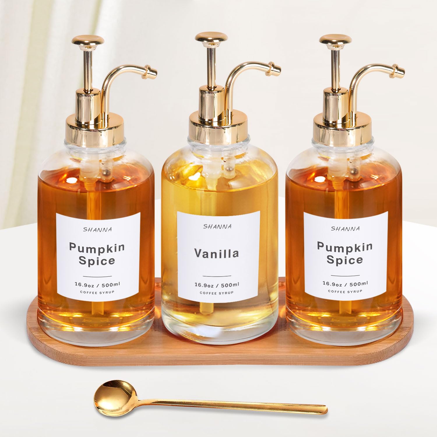Coffee Syrup Dispenser for Coffee Bar, 16.9oz 500ml Glass Syrup Dispenser w Golden Coffee Scoop, Coffee Syrup Pump Dispenser w 36 Labels and Bamboo Tray, Coffee Syrup Bottles with Golden Pump, 3PCS