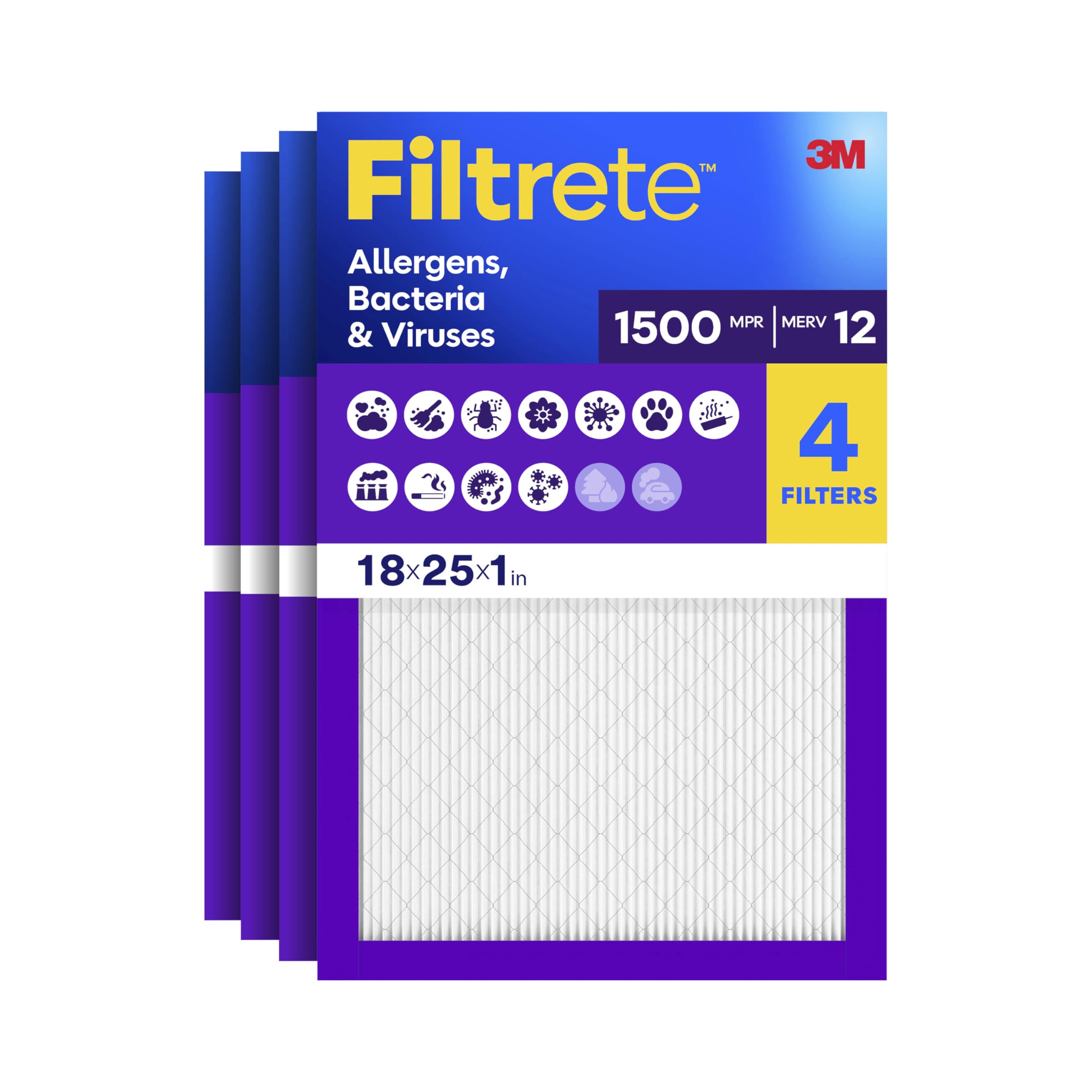 Filtrete 18x25x1 Air Filter, MERV 12, MPR 1500, Allergens, Bacteria & Viruses, 3-Month AC and Furnace Filters, Cleaner Air, Reliable Airflow, 4 HVAC Filters (Actual Size 17.81 x 24.81 x 0.78 in)