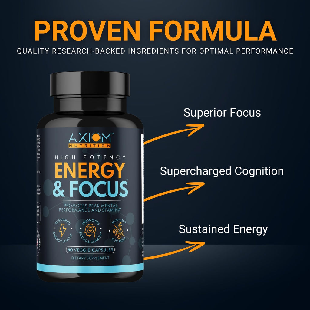 Axiom Nutrition Energy and Focus - Extra Strength 200mg Caffeine and Lions Mane Mushroom Supplement, 60 Capsules - with Alpha GPC, L-Theanine, L-Tyrosine to Support Brain Function and Concentration