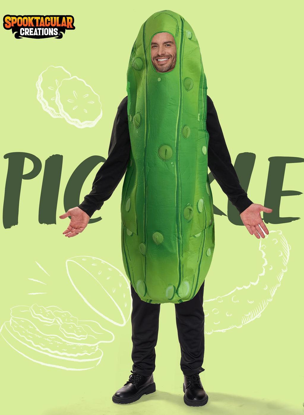 Spooktacular Creations Halloween Pickle Costume Adult, Unisex Food Costume for Men, Green Fruit Jumpsuit Outfit for Dress Up, Cosplay, Themed Parties (Medium)