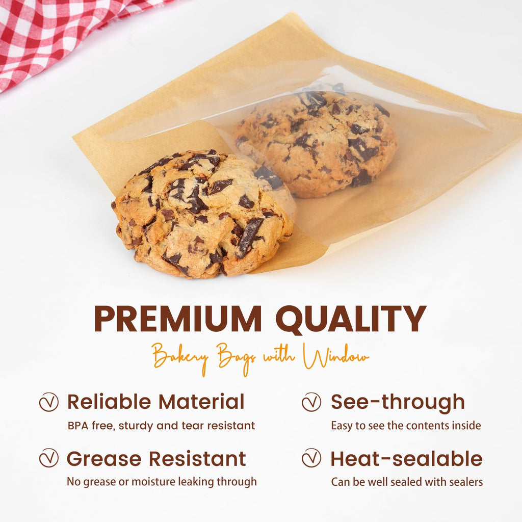 Foranda 200 Pack Cookie Bags with Seal, 7.1x7.5 Inch Heat Sealable Bakery Bags with Window Grease Resistant Paper Packaging Sleeves for Bake Sale Bagel, Cake Slice, Sandwich, Donut, Pastry