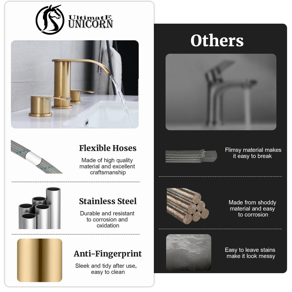 Ultimate Unicorn 8 inch Bathroom Faucet Champagne Bronze, Waterfall Bathroom Sink Faucet with Metal Pop-up Sink Drain Stopper and 2 Supply Hoses, DJS-MP-3JT-CG-PB-C