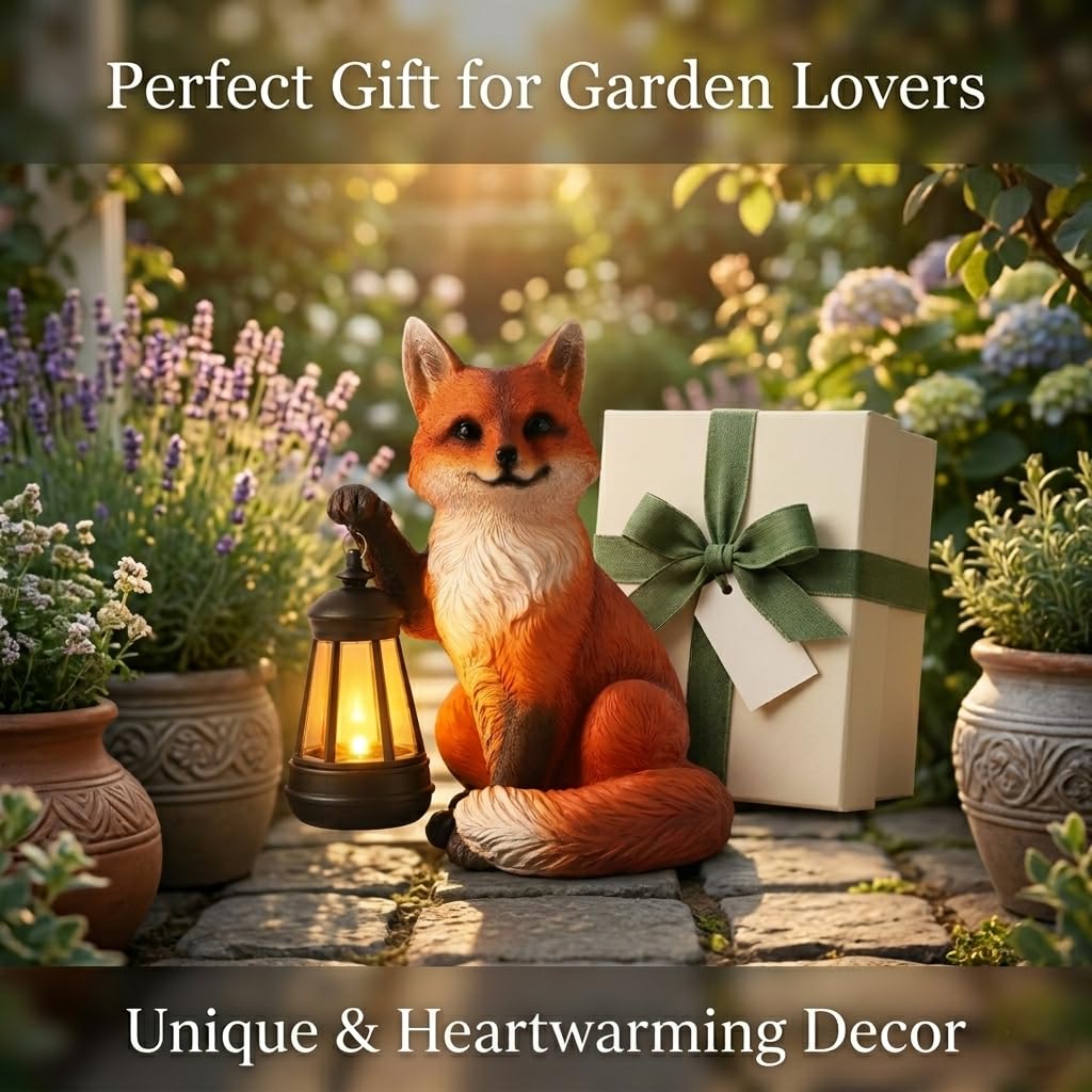 Solar Fox Garden Statue with Lantern, Woodland Fox Outdoor Decor, 9 inch