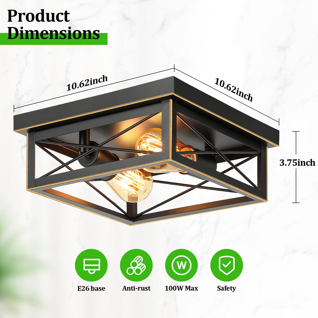 Brushed Gold Hallway Light Fixtures Ceiling, 2-Light Farmhouse Industrial Flush Mount Ceiling Lights, 2-Pack Metal Kitchen Light Fixtures, Close to Ceiling Lights for Bedroom Living Room Entryway