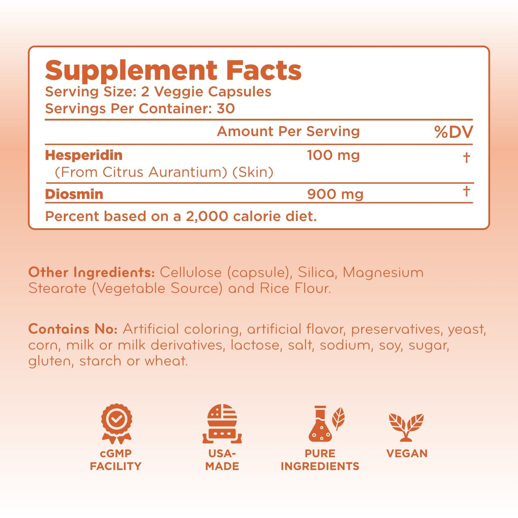 Diosmin Hesperidin 1000mg Circulation and Vein Support Supplement - High Strength Hesperidin & Diosmin Complex 1000mg per Serving Varicose Leg Vein Supplement - Vegan & Non-GMO (30 Servings)