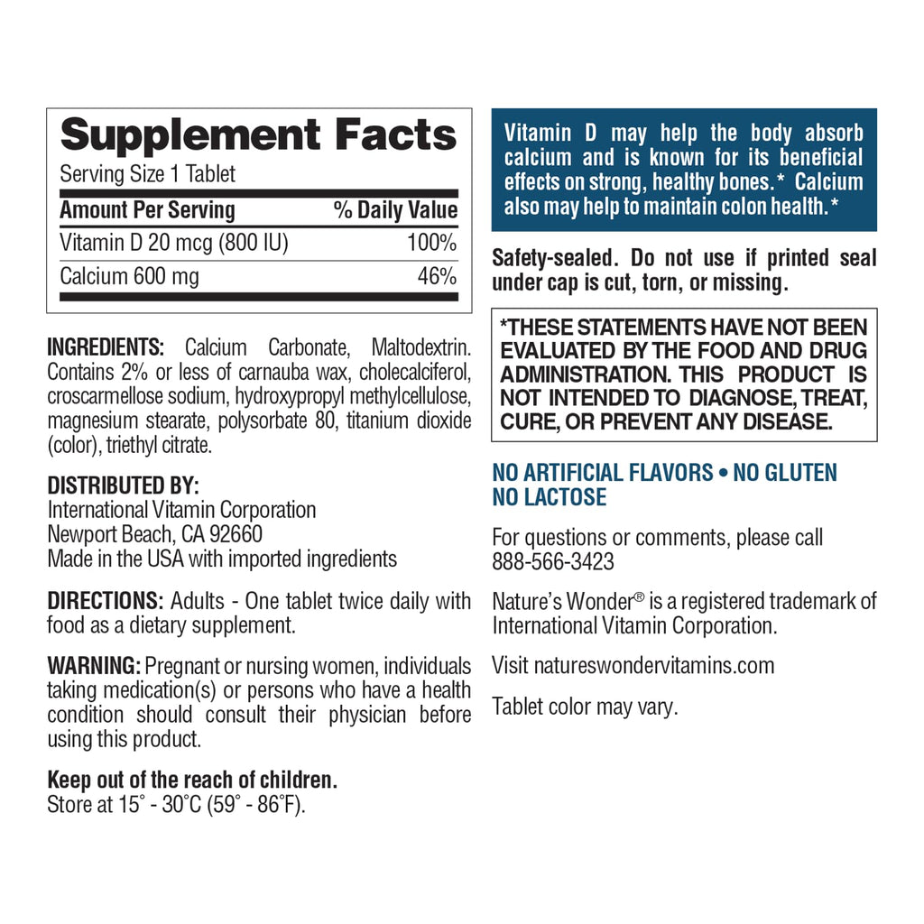 Nature's Wonder Calcium 600 mg with Vitamin D3 20 mcg for Bone Health, 220 Tablets (Pack of 2)