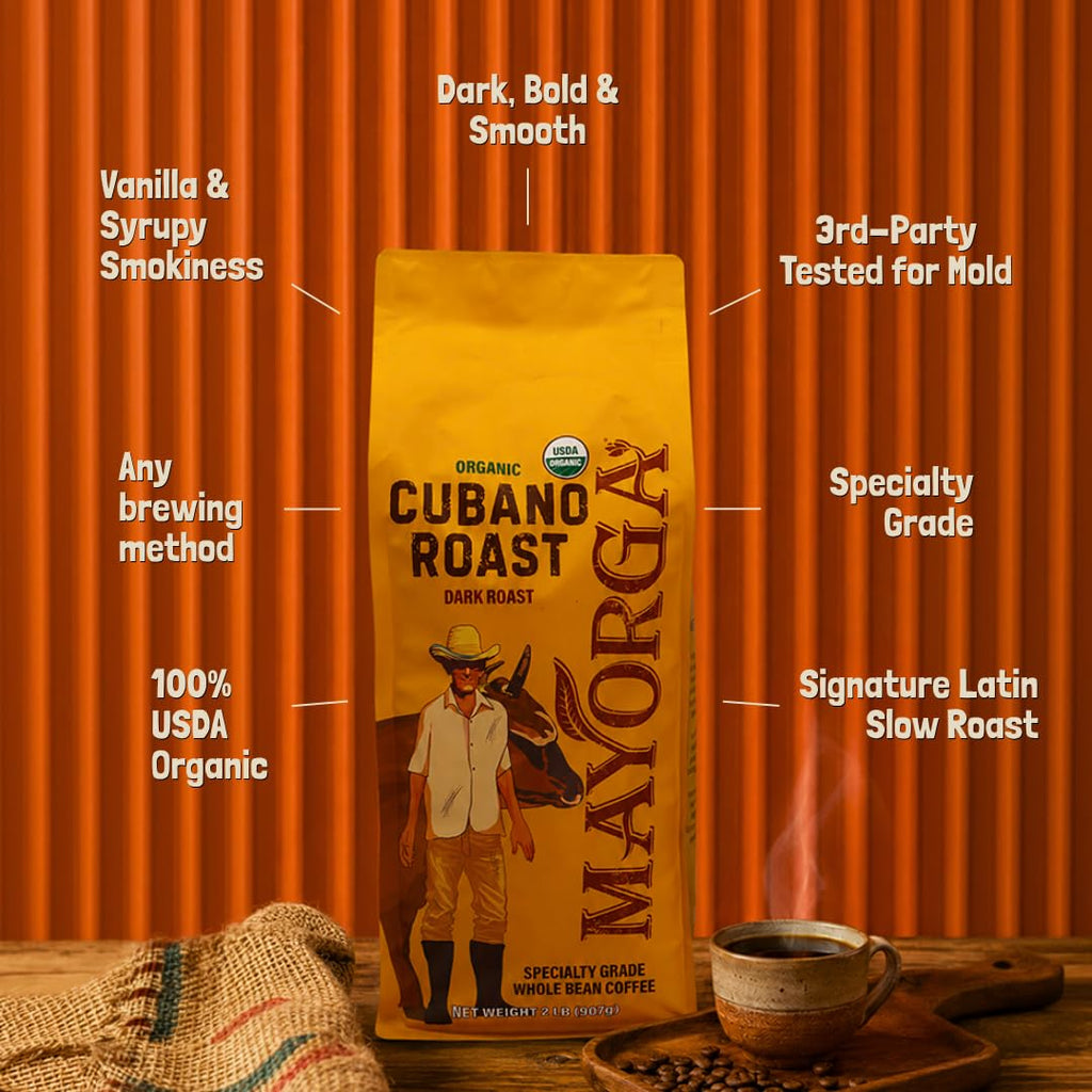 Mayorga Organic Coffee 2lb Cafe Cubano Roast - Dark Roast Whole Bean Specialty Grade Coffee, 100% Arabica, Slow Roasted, Bold and Smooth Flavor with Low Acidity - USDA Organic, Non-GMO, Kosher