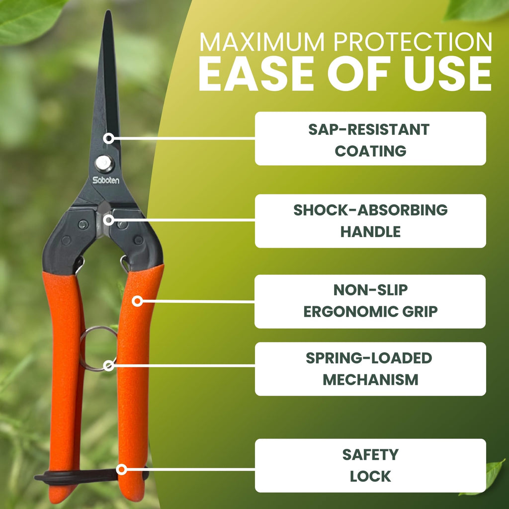 Saboten Japanese Pruning Shears 7.9" – Professional Bypass Garden Clippers, Made in Japan, Sharp Carbon Steel Blade with Sap-Resistant Fluorine Coating, Cuts up to 3/4 in (20 mm) (Straight)