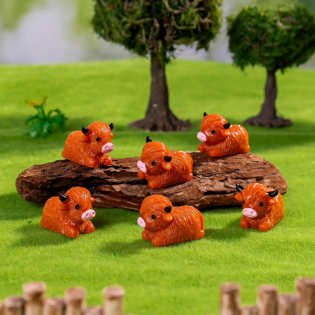Teenzee 50 Pcs Mini Highland Cow Figurines Bulk Mini Cow Figurines Cake Decorations Cute Miniature Resin Sculpture Ornament Micro Landscape Office Garden Desk Party Tabletop Decor