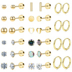 Hypoallergenic Titanium Earrings for Sensitive Ears 14K Gold Plated Opal Ball CZ Heart Flat Back Earrings for Women Men Small Surgical Steel Flatback Stud Hoop Cartilage Earring Set for Multiple Piercing (D-Gold Tone-16Pairs)