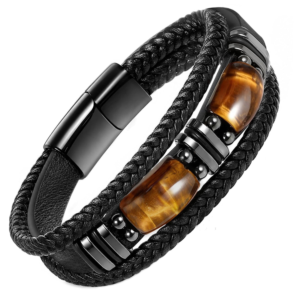 Enjoy Risingsun Tiger Eye Black Leather Bracelet Men Natural Tiger Eye Gemstone Crystal Stone Jewelry Handmade Courage And Stress Relief Protection Bracelet