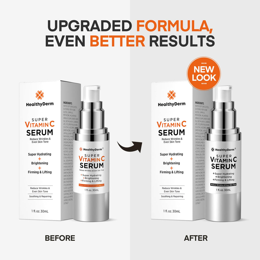 HealthyDerm Super Vitamin C Serum for Women Over 70: Niacinamide, Vitamin C, Hyaluronic Acid, Peptides, Vitamin E, Caffeine, Bakuchiol, Hydrating, Lifting, Face Wrinkle & Age Spots Reduction