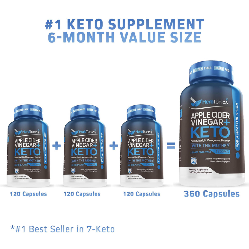 Herbtonics Apple Cider Vinegar + Keto BHB Capsules | GLP-1 Support for Appetite, Cravings & Weight Management | Metabolism Support with Satiety Support | 360 Capsules - 6 Month Supply