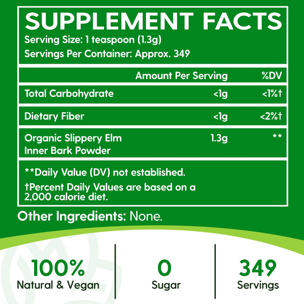 Slippery Elm, Natural Herbs Slippery Elm Powder for Soothing Throat* & Digestive, Diarrhea, PH Balance, Gut Health - with Superior Inner Bark Source, 100% Pure & Vegan, Non-GMO, 1lb (349 Servings)
