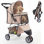 Giantex 3 Wheel Foldable Dog Stroller for Small Dogs Cats, Lightweight Pet Stroller with Lockable Wheels, One-Hand Quick Fold, Mesh Windows, Safety Leash & Storage Basket, Pet Travel Stroller (Beige)