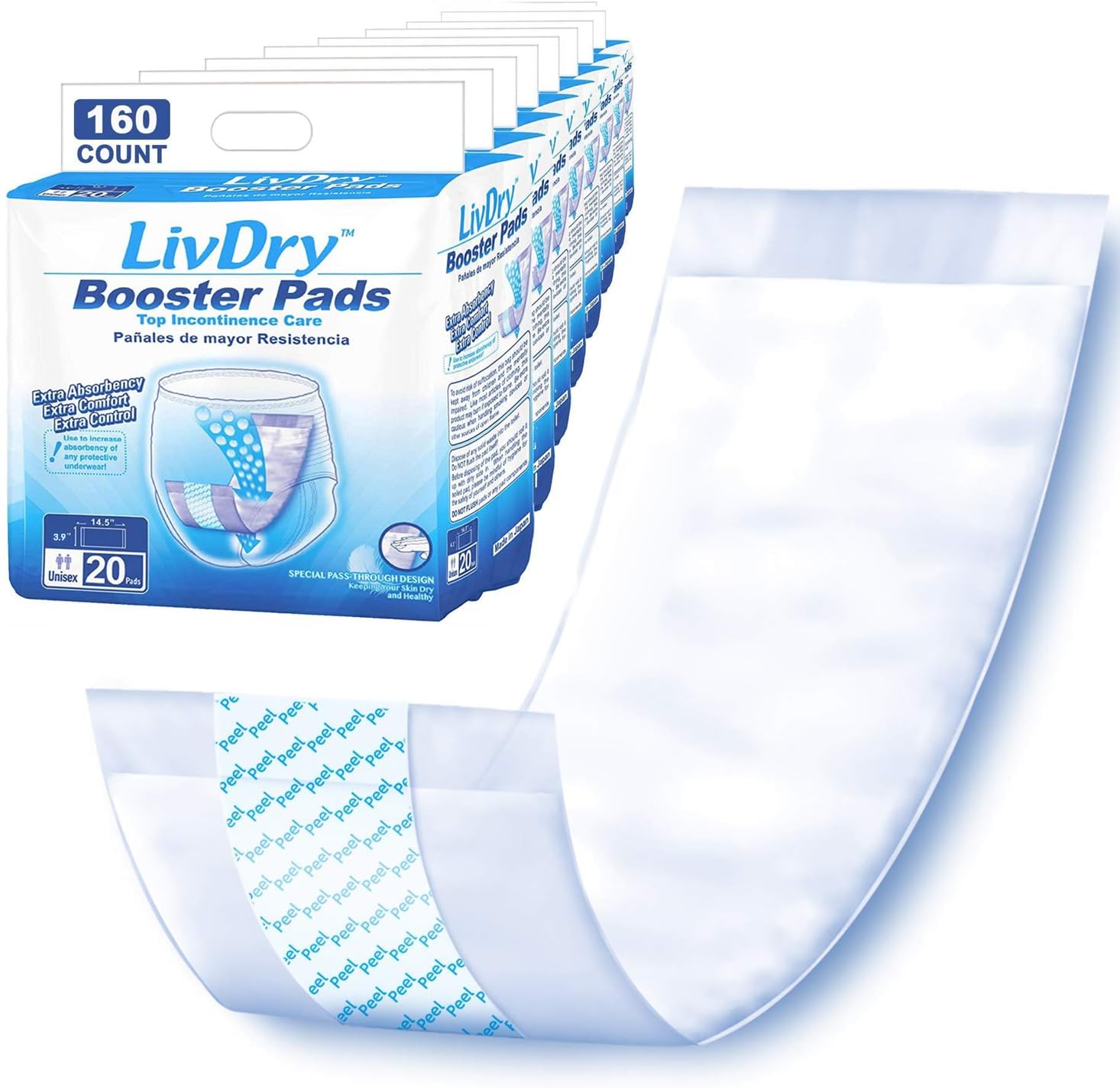 LivDry Incontinence Booster Pads, Use with Adult Diapers for Women and Men, Extra Comfort Softness, Disposable Pad (160 Count, Regular Length)