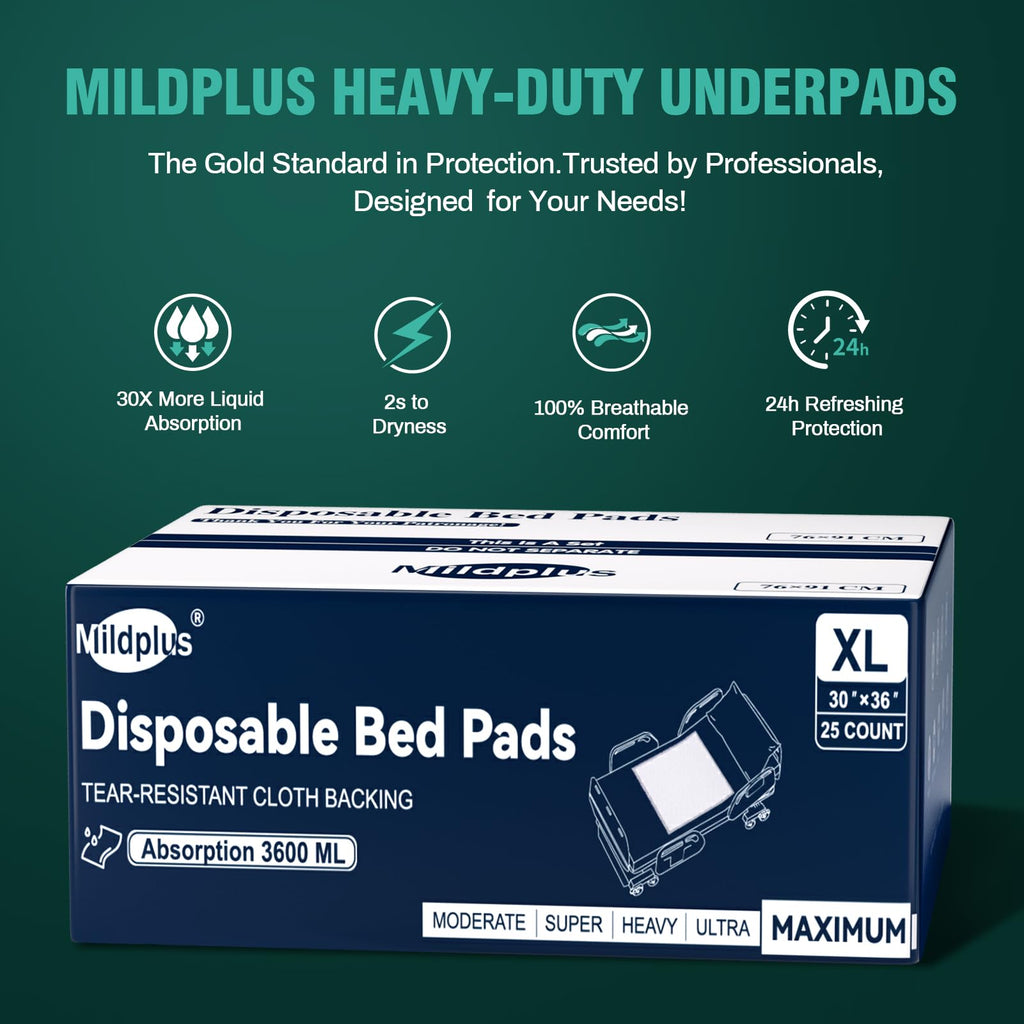MILDPLUS Heavy Duty Underpads 30"X36", 25 Count, Ultra Absorbent Chucks Pads 130 Grams Disposable Bed Pads with Strength Cloth Backing Incontinence Pads for Adults, Kids or Pets