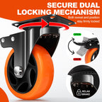 5 Inch Orange Heavy Duty Locking Caster Wheels Set of 4 – 2600LBS Total Capacity, PU Industrial Casters with Dual Brake for Workbench, Machinery & Warehouse Carts – Heavy Duty Industrial Use Only