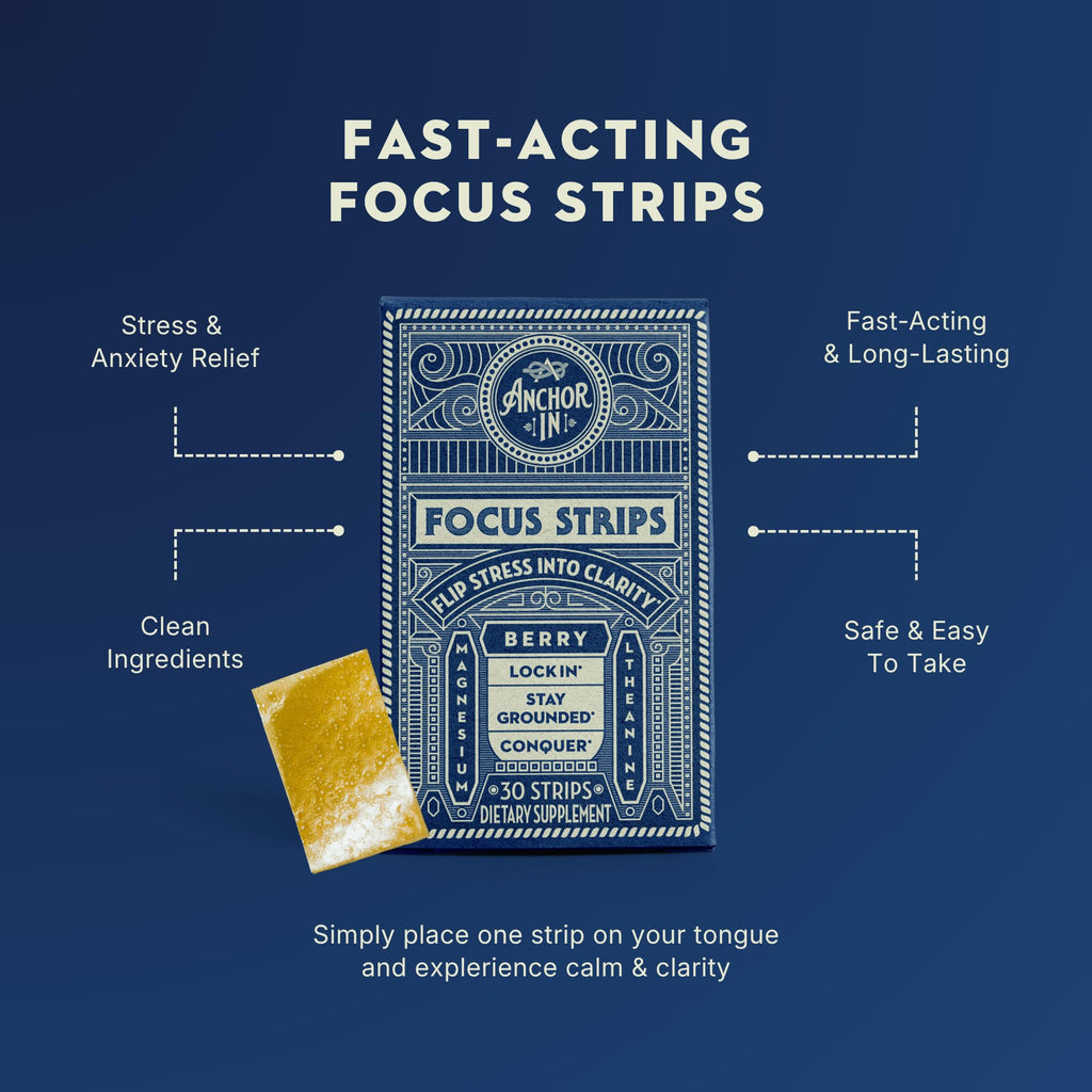 Anchor In Calm + Focus Dissolvable Strips with L-Theanine, Magnesium & Ashwagandha Supplement-Travel Essentials for Stress Relief, Brain Support for Memory & Focus, Super Calm Support- Ginger- 30ct