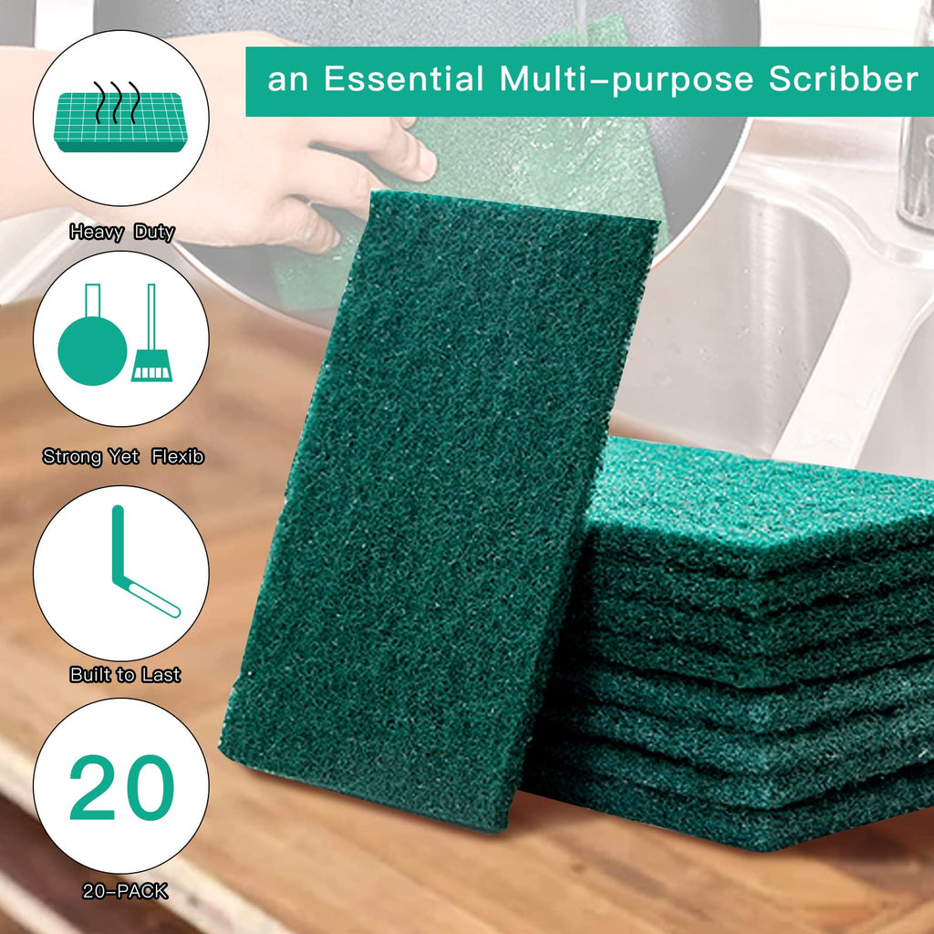 GUEICN Heavy Duty Scour Pads Sponge Dish Scrubber Non-Scratch Green Reusable Household Scrub Pads for Kitchen and Dish Cleaning Tool (20Pcs Sponge+3Pcs Clean Towel)