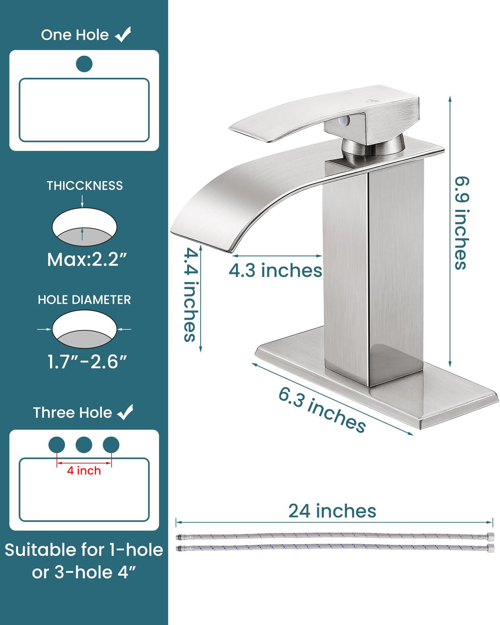 LUFG Bathroom Faucets Brushed Nickel Waterfall Bathroom Sink Faucet Modern Single Handle Bathroom Faucet for 1 or 3 Hole Mxier Tap Washbasin Faucet with Deck, Pop-up Drain and Supply Hoses