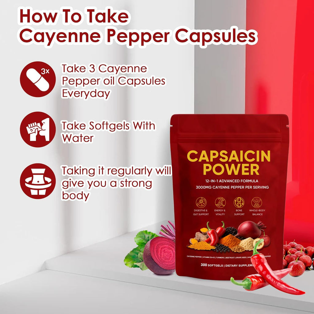 GXSAE Capsaicin Power - Cayenne Pepper Softgels Supplement, Supports Leg Vein, Digestive & Gut Health, with Vitamin D3+K2, Beetroot, Grape Seed and Other Extracts, 300 Capsules (1)