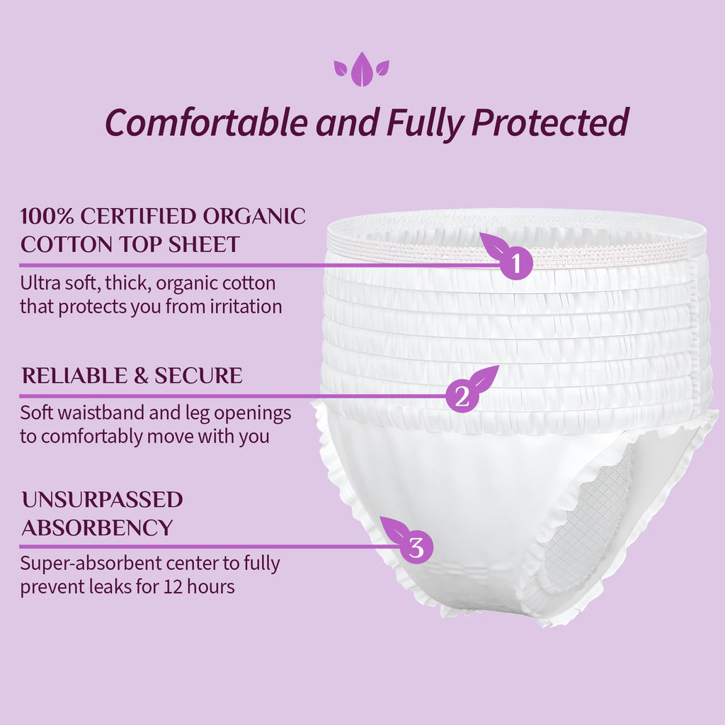 Organyc Certified Organic Cotton Disposable Period Underwear for Sensitive Skin 12 Hours Complete Protection Size L/XL 4 Count