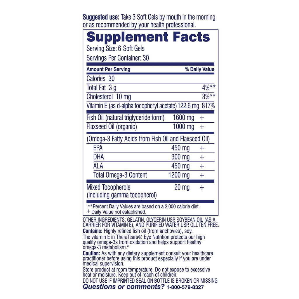 TheraTears Omega 3 Supplement for Eye Care, 1200mg Fish Oil and Organic Flaxseed Oil with Vitamin E, 180 Count