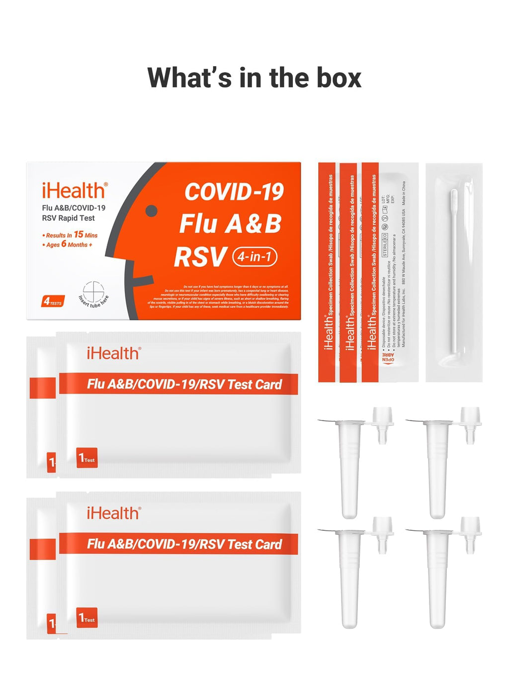 iHealth Flu A/B, COVID-19 & RSV 4-in-1 Antigen Rapid Test, Results in 15 Minutes, FDA Authorized OTC Home Test, Non-Invasive Nasal Swab, Easy to Use & No Discomfort (1 Pack, 4 Tests Total)