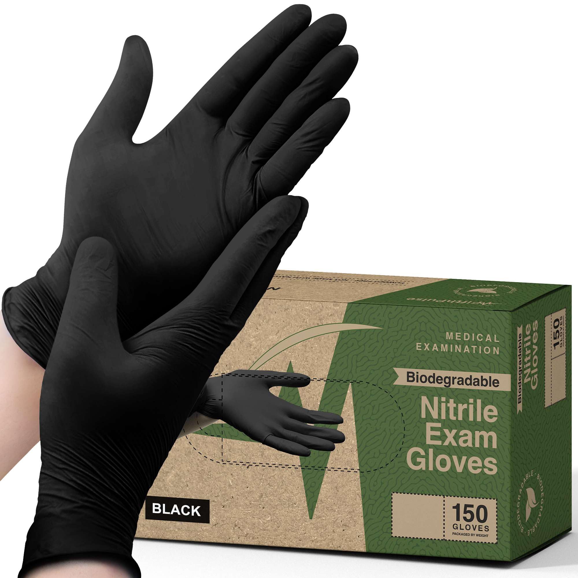 FifthPulse Biodegradable Black Nitrile Gloves 150 Count - Powder Free Disposable Food Grade Medical Exam Gloves for Cooking, Cleaning, Tattoo, Textured Fingertips, Latex Free, Eco-Friendly