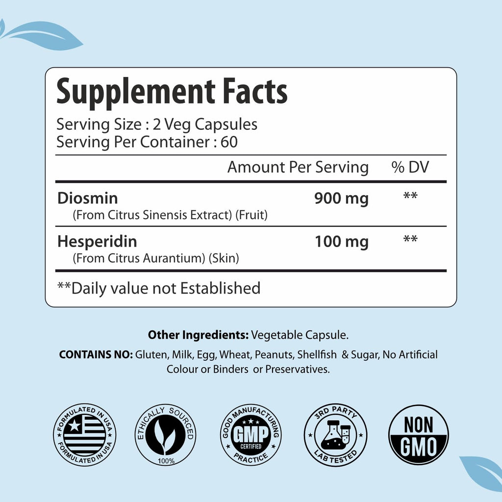 ForestVibe Diosmin Hesperidin 1000mg Complex, Citrus Bioflavonoid Rich Fruit Extract, 120 Vegan Capsules, 2 Month Supply, Non-GMO and Gluten Free Diosmin Supplement